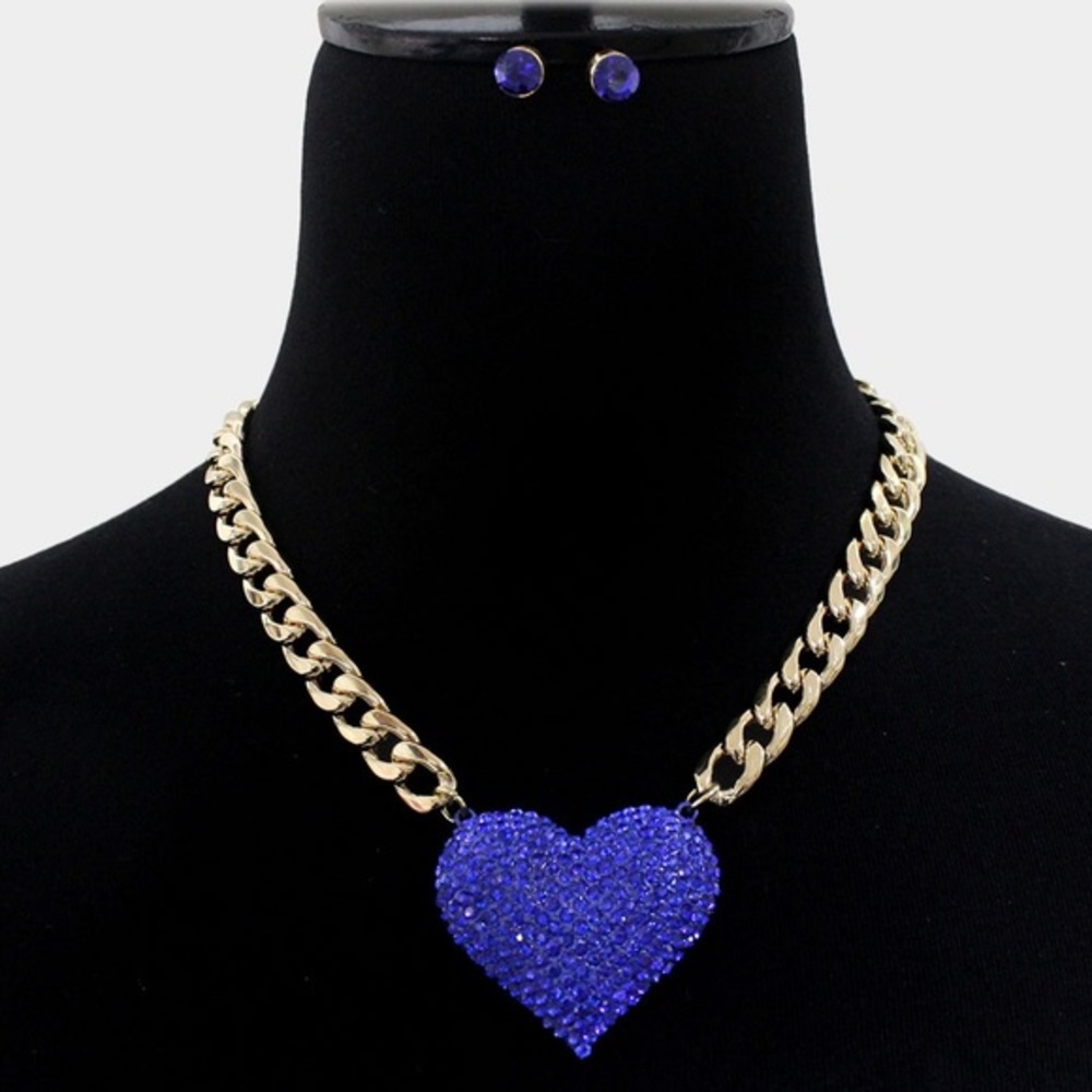 Gold Cuban link chain blue Rhinestone heart fashion necklace